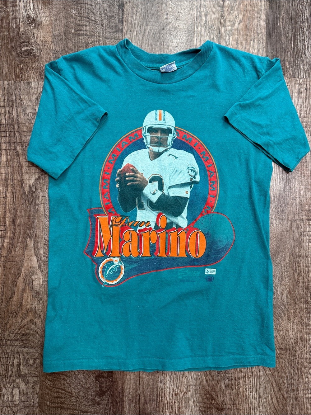 Vintage 1990s Dan Marino NFL Teal Blue Miami Dolphins T-Shirt (M M)